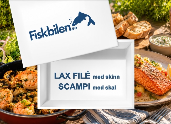 laxfile med skinn, scampi med skal